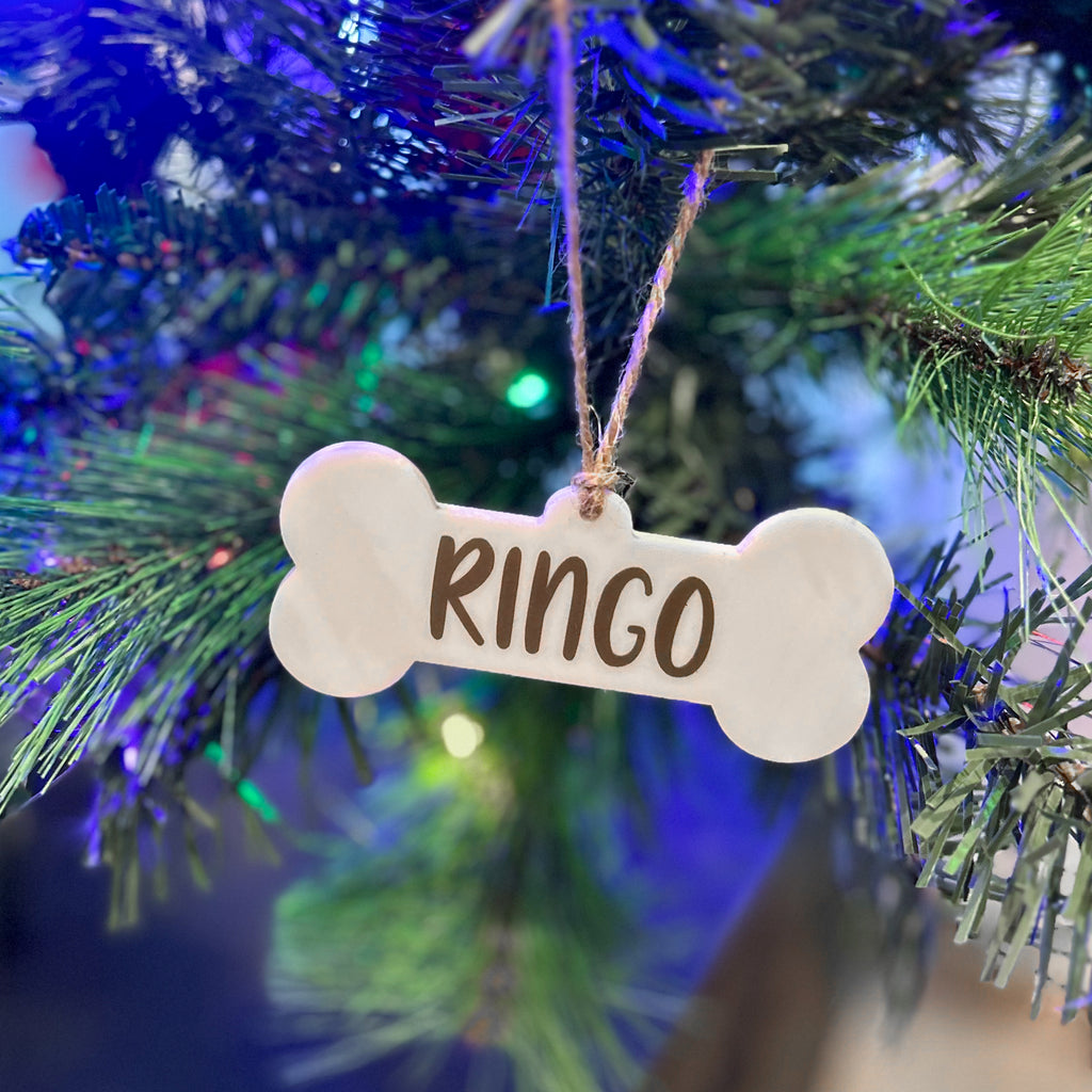 Personalised Bone Shape Christmas Tree Decoration - White