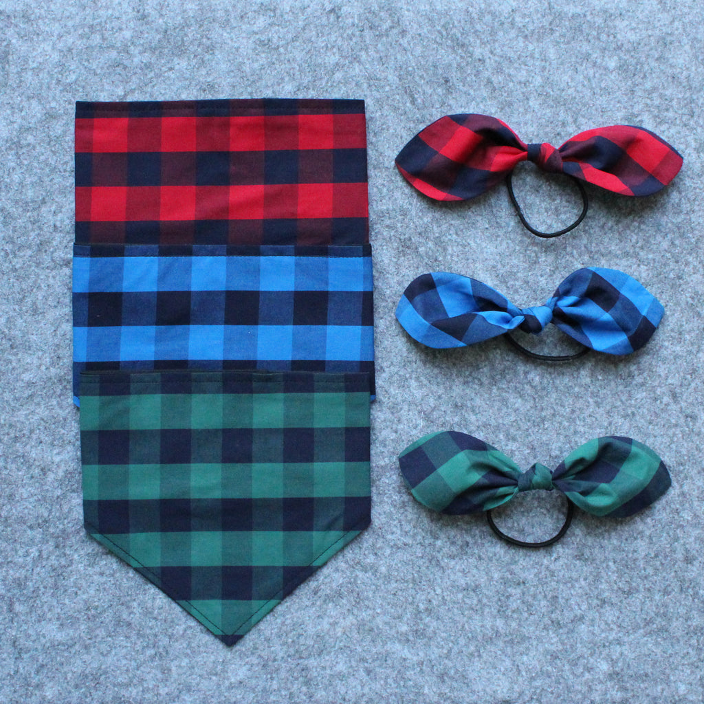 My Dog & Me Bow & Bandana Set - Red/Navy Check